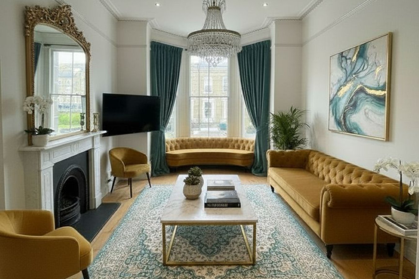 Hastings House lounge with chandelier and gold sofas